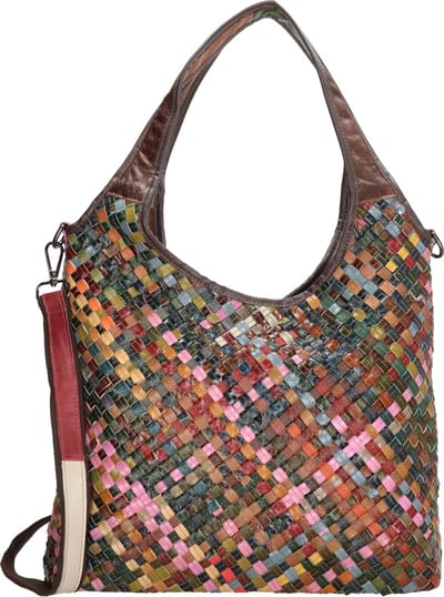Beagles Multi Shopper Leer - Gevlochten - Multikleur - Twee Handvatten - Verstelbare Schouderband - Hoofdrits - Schoudertas - Dames - Leren Dames Tas - Multi