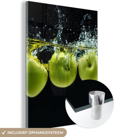 MuchoWow® Glasschilderij 120x160 cm - Schilderij acrylglas - Appels - Fruit - Water - Zwart - Groen - Foto op glas - Schilderijen