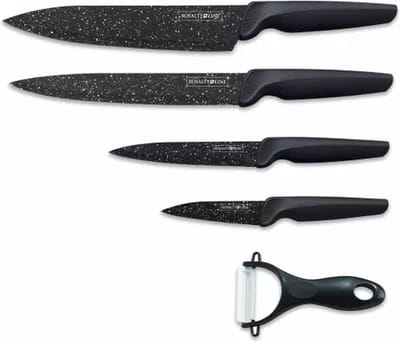 Royalty Line® MB4 Messenset - 5 Delig Keukenmessenset - Dunschiller - Koksmessen Set - Keuken Messenset - Keukenset - Vleesmes - Schilmes - Antikleeflaag - Zwart