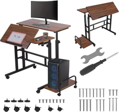 Verstelbaar Mobiel Bureau Met Wieltjes - Kantelbaar Werkblad 80 X 60 Cm - In Hoogte Verstelbaar 67-115 Cm - Ergonomisch Zijblad - Compact En Verrijdbaar Design - Zwart