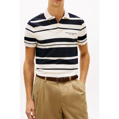 Tommy Hilfiger Pique Multi Stripe Polo Ivory Petal/desert Sky Größe: S | Poloshirts Outlet | Herren | Weiß