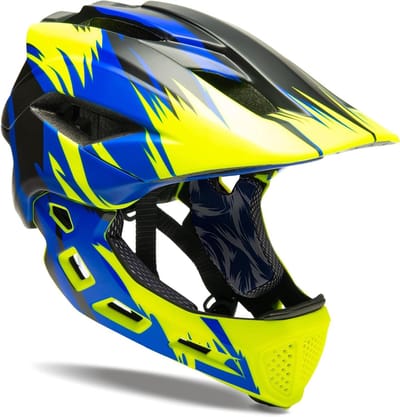 Volgelaatshelm Kinderen - Kinderhelm Integraalhelm - Meerdere Sporten - Afneembare Kinstuk - 54-56cm - Blauw