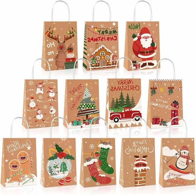 12x Kerst Cadeauzakjes van Kraftpapier met Handvatten - Kerstverpakking Cadeautassen 21x16x8 cm