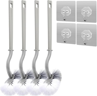 Famanu – 4 Stuks Toiletborstel Set met Randreiniger, Witte Kunststof WC Borstel Gebogen met Lange Steel en 4 Kleefhaken voor Diepe Reiniging