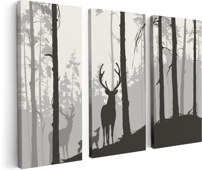 Artaza Canvas Schilderij Drieluik Herten In Het Bos - Silhouet  - 120x80 - Foto Op Canvas - Canvas Print