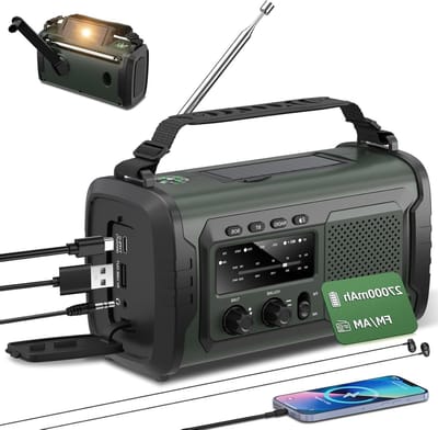 Noodradio - Opwindbare radio - Noodsituaties - Grote batterijcapaciteit - 27000 mAh - Legergroen