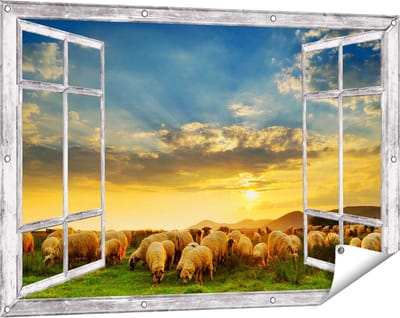 Gards Tuinposter Doorkijk Kudde Schapen op het Gras bij Zonsondergang - 120x80 cm - Tuindoek - Tuindecoratie - Wanddecoratie buiten - Tuinschilderij