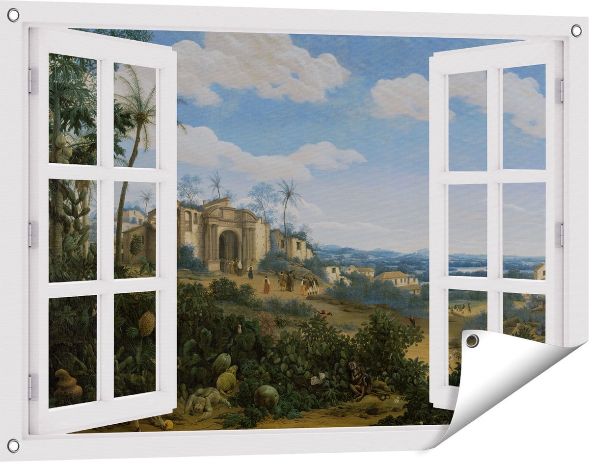 Gards Tuinposter Doorkijk Gezicht op Olinda, Brazilië - Frans Jansz. Post - 90x60 cm - Tuindoek - Tuindecoratie - Wanddecoratie buiten - Tuinschilderij