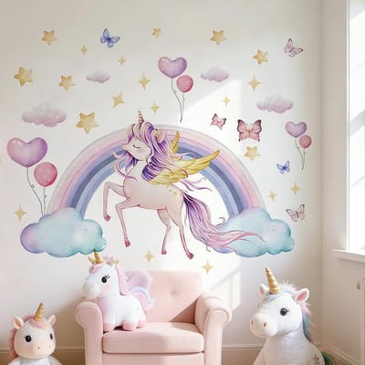 Muurtattoo met regenboog en eenhoorn voor kinderkamer, sterren en vlinders, zelfklevende wanddecoratie voor meisjes, grote muursticker voor babykamer en slaapkamer
