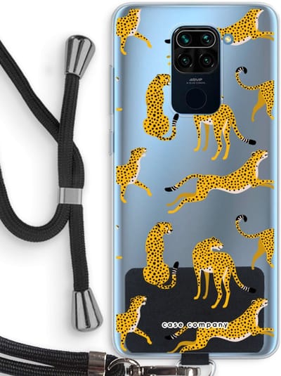 Case Company® - Hoesje met koord geschikt voor Xiaomi Redmi Note 9 hoesje met Koord - Luipaard - Telefoonhoesje met Zwart Koord - Bescherming aan alle Kanten en Over de Schermrand
