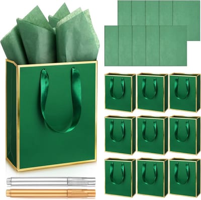 Papieren Geschenkzakjes - Metallic Tassen - Feestelijke Cadeaus - Inclusief Tissuepapier - 9 x 7 x 31 inch - Groen Goud