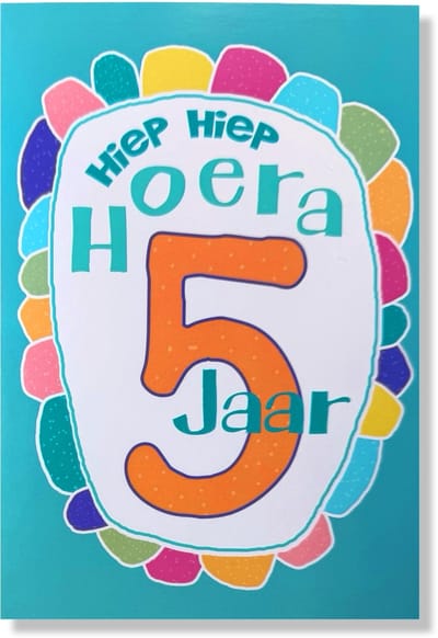 Hoera 5 Jaar! Luxe verjaardagskaart - 12x17cm - Gevouwen Wenskaart inclusief envelop - Leeftijdkaart
