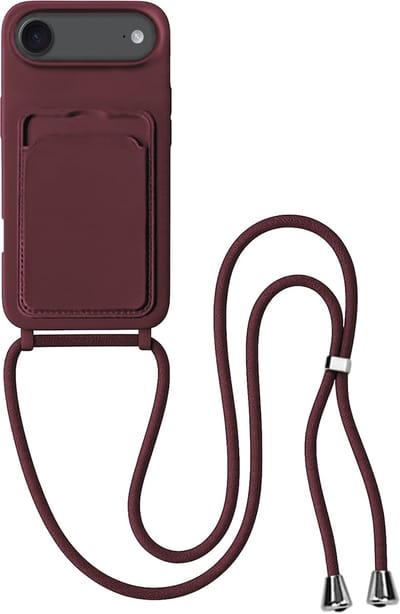 Hoes Geschikt voor iPhone Air Hoesje Pas Houder Case Hoes Met Koord - Hoesje Geschikt voor iPhone Air Hoes Met Telefoonkoord Pasjeshouder Cover - Aubergine