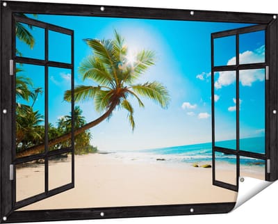Gards Tuinposter Doorkijk Tropisch Strand en Zee in Sri Lanka - 150x100 cm - Tuindoek - Tuindecoratie - Wanddecoratie buiten - Tuinschilderij