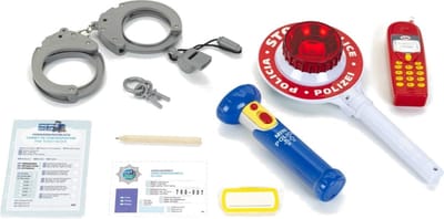 Klein Toys 10-delige politie set - handboeien met sleutel, mobiele speelgoedtelefoon, fluitje, politiescheplepel met zwaailicht en zaklamp - rood wit blauw