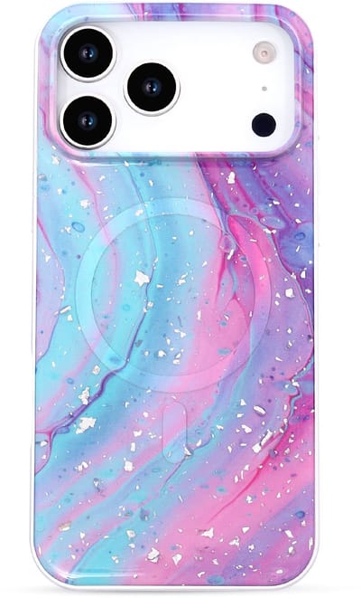 Casemania Hoesje Geschikt voor Apple iPhone 17 Pro - Unicorn - Marmer Glitter Magnetisch Back Cover - Geschikt voor MagSafe - Roze en Blauw