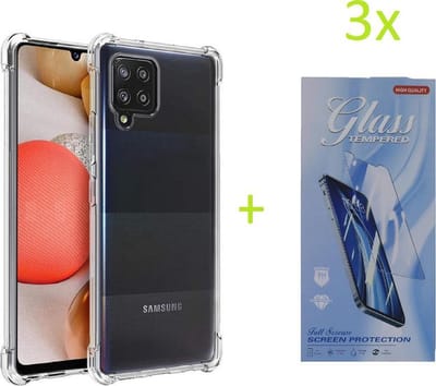 Hoesje Geschikt voor: Samsug Galaxy A42 - Anti Shock Silicone Bumper - Transparant + 3X Tempered Glass Screenprotector