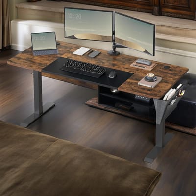 Elektrisch Zit-Sta Bureau – 70x160x(72–120) cm – In Hoogte Verstelbaar – 4 Geheugenstanden – Vintage Bruin/Zwart – Geluidsarm <50 dB – Kabelmanagement – Opbergvak – Draagkracht 80 kg