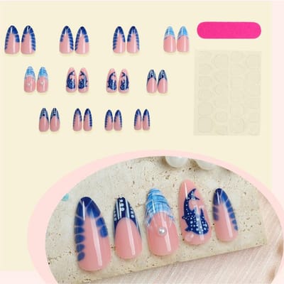 24 Stuks Amandelvormige 3D Nagellijmstickers, Walvispatroon, Gesimuleerd Parelmoer Blauwe Franse Tip, Acryl Nepnagels Voor Vrouwen Meisjes DIY Manicure Nagelbenodigdheden