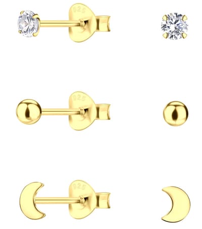 Joy|S - Zilveren oorbellen - set 3 paar - ronde oorbellen - maan oorbellen - zirkonia oorbellen - oorknopjes - gold plated