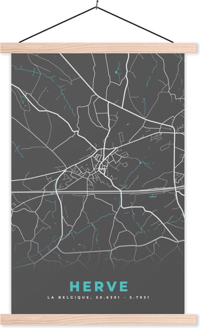 Posterhanger incl. Poster 40x60 cm - Schoolplaat - Stadskaart – Grijs - Kaart – Herve – België – Plattegrond - Textielposter - Blanke latten - Stadskaart