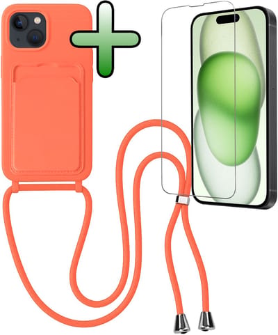 Hoes Geschikt voor iPhone 15 Plus Hoesje Pas Houder Case Hoes Met Koord Met Screenprotector - Hoesje Geschikt voor iPhone 15 Plus Hoes Met Telefoonkoord Pasjeshouder Cover - Papaya