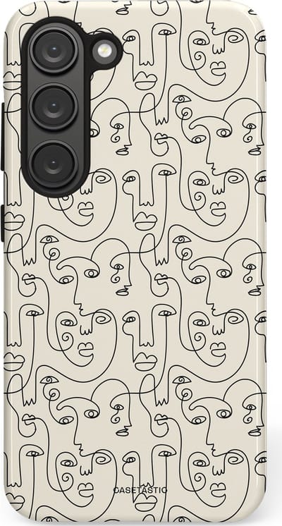 Casetastic hoesje geschikt voor Samsung Galaxy S23 - Dubbellaagse bescherming - Art Deco Creme Abstractie Lijntekening Gezichten - Fashion Case - Zilver Crème Wit