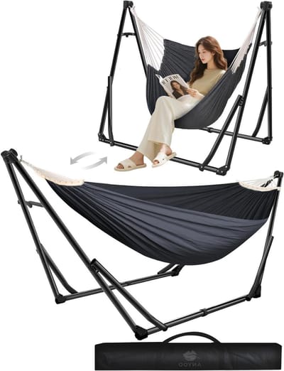 Hangmat en Hangmatstoel met Opvouwbaar Frame, Draagbare Hangmatstandaard voor Buiten en Binnen, Tuin, Terras, Kamperen en Balkon