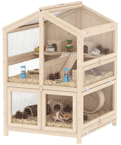 PawHut Hamsterkooi-Vurenhout-68L x 61,5B x 90H cm-Naturel hout