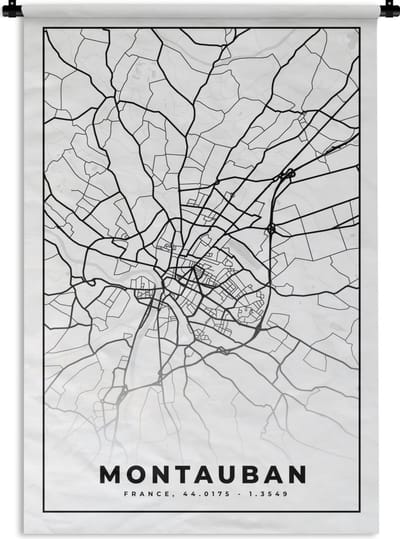 Wandkleed - Wanddoek - Frankrijk - Kaart - Montauban - Plattegrond - Stadskaart - Zwart wit - 120x180 cm - Wandtapijt