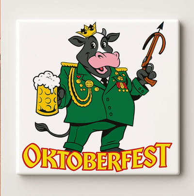 Grappige Oktoberfest Koe Tegel 15x15 cm – Bierliefhebber Muurdecoratie – Uniek Cartoon Ontwerp voor Beierse Feest & Keuken