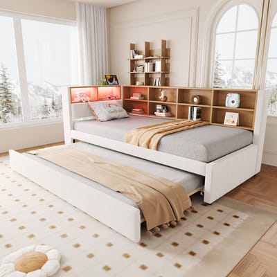 DESMIU Bedbank 90 x 200 cm Zonder Matras Opklapbed Met Uitschuifbed En Ledverlichting Opbergruimte Voor Slaapkamer Jeugdkamer Flanel Beige