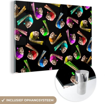MuchoWow® Glasschilderij 60x40 cm - Schilderij acrylglas - Meisje met de parel - Patronen - Regenboog - Foto op glas - Schilderijen