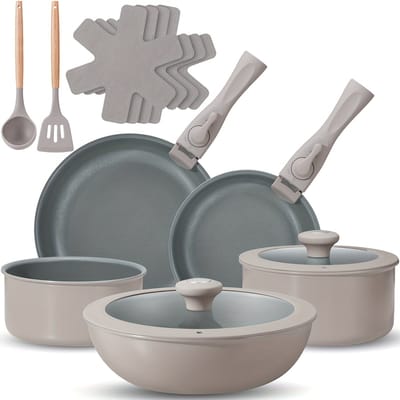 Pannen- Pannenset Inductie-17-delige- pannenset-Keramische Anti-aanbak Coating -afneembare handgrepen-geschikt voor ovenbestendig-(Lichtgrijs))