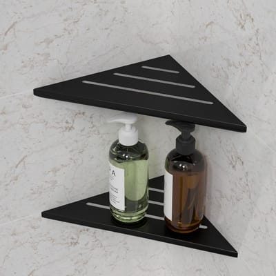 Hoekplank voor Badkamer - Doucheplank zonder Boren - 2 Stuks - Zwart - Roestvrij Staal - 35 x 25 cm