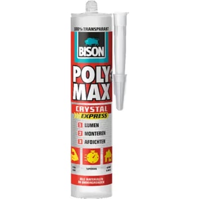 Bison Poly Max Crystal Express koker 300 gram- Transparante montagelijm, lijmen, monteren en afdichten, unieke SMP technologie, oplosmiddelvrij, binnen en buiten, vrijwel alle ondergronden