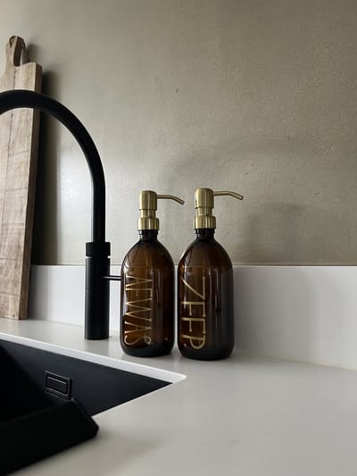 BBBLS® Design Dispenser Giftset "Zeep Afwas" | Bruin Glas | 500ml | RVS / Metaal Pomp Goud | Zeeppomp | Zeepdispenser | Zeephouder