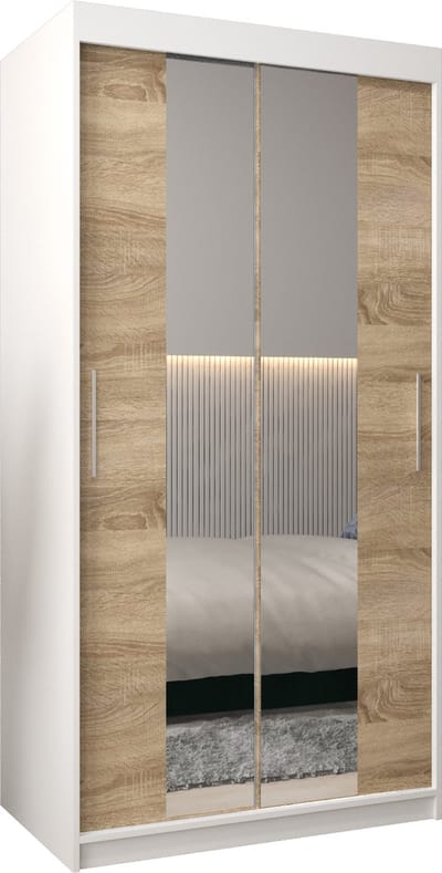InspireMe - Kledingkast met 2 schuifdeuren, Modern-stijl, Kledingkast met planken (BxHxD): 100x200x62 - TORM I 100 Wit Mat + Sonoma Eik