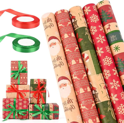 Kerstcadeau inpakpapier Set van 5 Rollen met Rood en Groen Kerstribbons en Dubbelzijdige Plakband voor Kinderen (43cm x 300cm) voor het Inpakken van Kerstcadeaus