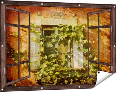 Gards Tuinposter Doorkijk Raam met Luiken - 120x80 cm - Tuindoek - Tuindecoratie - Wanddecoratie buiten - Tuinschilderij