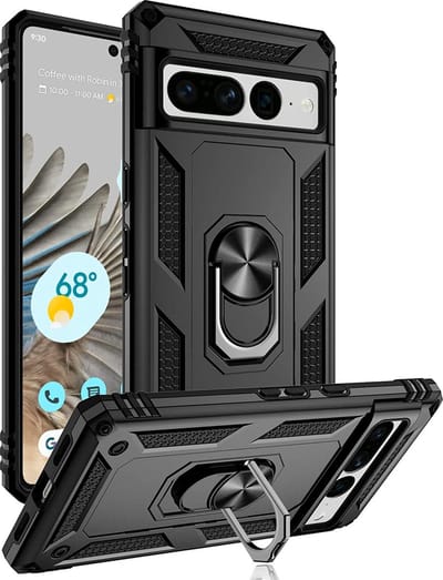 Casemania Hoesje Geschikt voor Google Pixel 7 Pro Zwart - Anti-Shock Hybrid Armor Back Cover - Hoes met Kickstand Ring