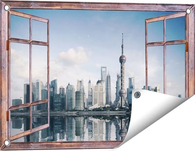 Gards Tuinposter Doorkijk Shanghai Skyline in China - 60x40 cm - Tuindoek - Tuindecoratie - Wanddecoratie buiten - Tuinschilderij