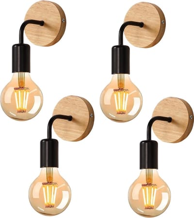 Wandlampen - 16cm - Klein - E27 - 4 Stuks - Vintage - Houten - Industriële Binnenwandlampen - Zwart - Zonder Lichtbron