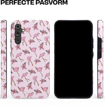 Casetastic hoesje geschikt voor Samsung Galaxy A34 (2023) 5G - Dubbellaagse bescherming - Tropisch Roze Flamigo Bloemen Paradijs - Fashion Case - Lichtgrijs Wit Lichtroze