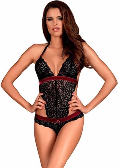 Obsessive Rossita Kanten Body - Zwart/Rood