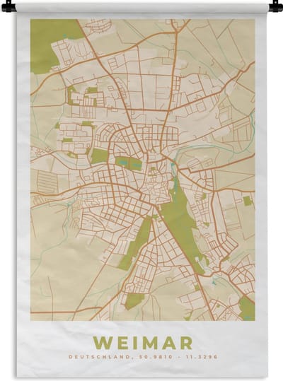 Wandkleed - Wanddoek - Weimar - Stadskaart - Vintage - Plattegrond - Kaart - 120x180 cm - Wandtapijt