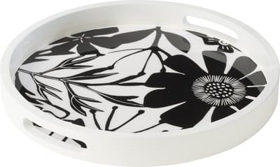 J-Line plateau Rond met Handvaten Bloemen - hout - zwart/wit