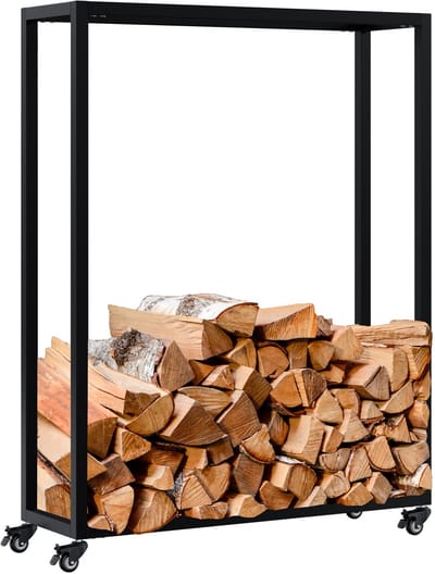CLP Hilta haardhouthouder - binnen - op wielen - metalen haardhoutrek - Houtopslag voor brandhout in de woonkamer - Openhaardhout - 100 x 80 x 25 zwart