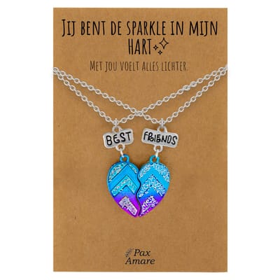 BFF Ketting voor 2 'Jij bent de sparkle in mijn hart' - Magnetisch Best Friends Hartje - Vriendschapsketting op Cadeau Kaartje - 45cm + 5cm verstelbaar - Zilverkleurig - Best Friends Hanger - Pax Amare