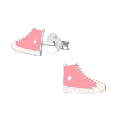 Aramat Jewels | Oorbellen | Zilveren Sneaker Oorbellen met Roze en Witte Glitter Emaille – 10x6mm | | | |10mm | Zilver | Kinderen | Verkleurd niet